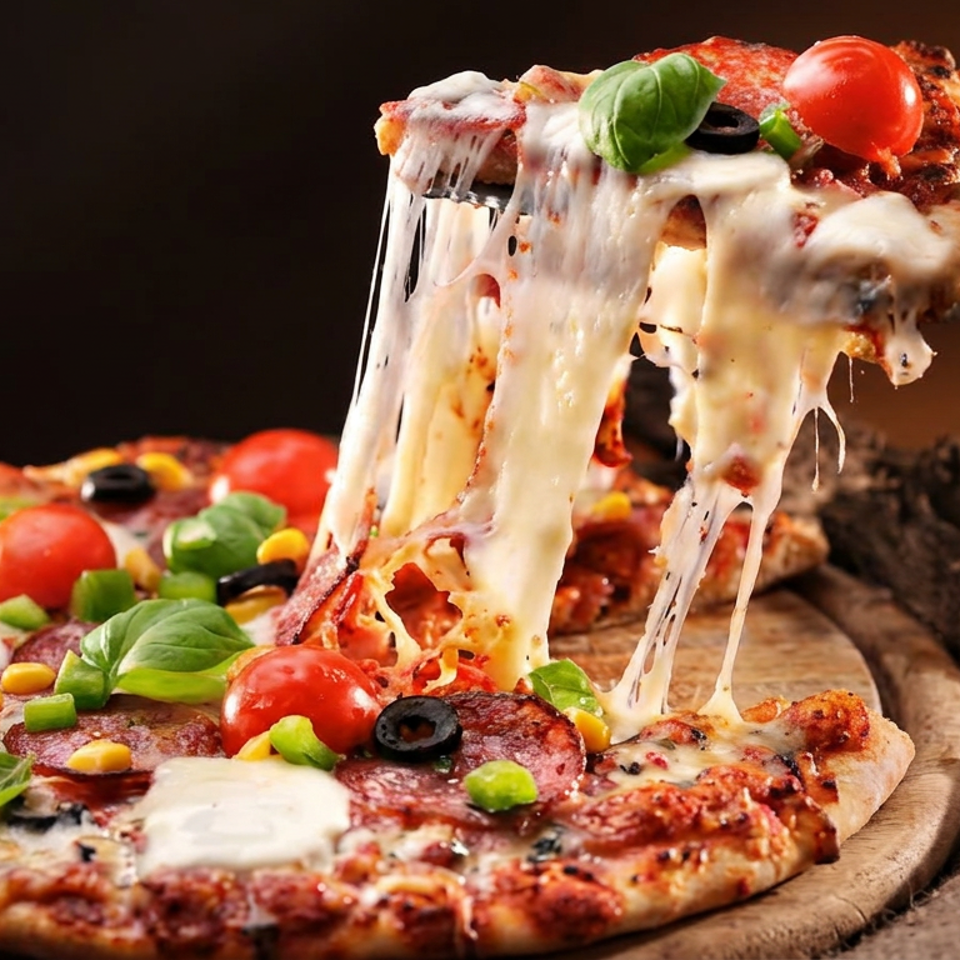Cheesy vegetable pizza slice lifted with a spatula above a topped pizza on a wooden board.