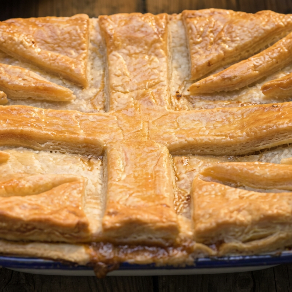Golden-brown lattice-topped savory pie in a blue dish on a rustic wooden table.