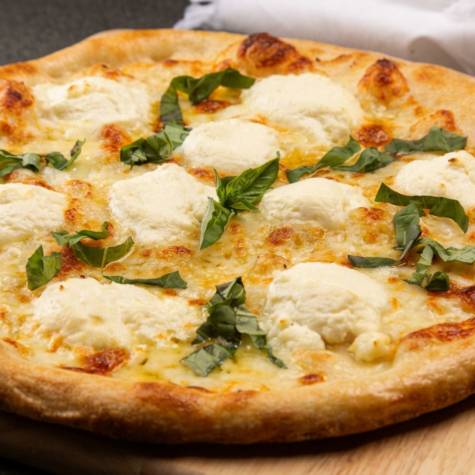 Golden-brown pizza topped with melted cheese, dollops of fresh mozzarella, and scattered basil on a wooden serving board.