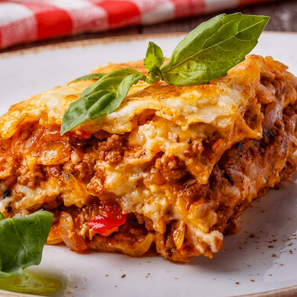 A hearty slice of layered lasagna with meat sauce, melted cheese, and fresh basil on a white plate.