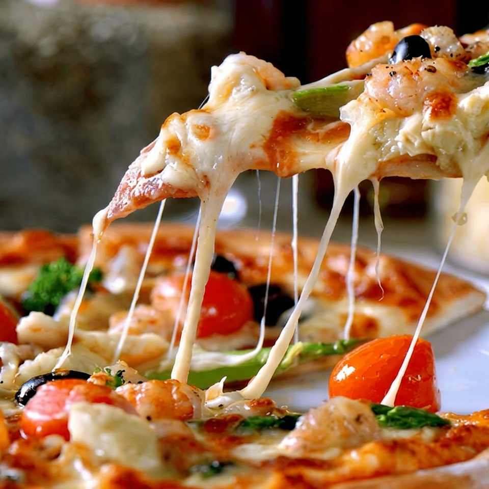 Cheesy seafood pizza slice lifted above a topped pizza, with shrimp, cherry tomatoes, olives, and asparagus.