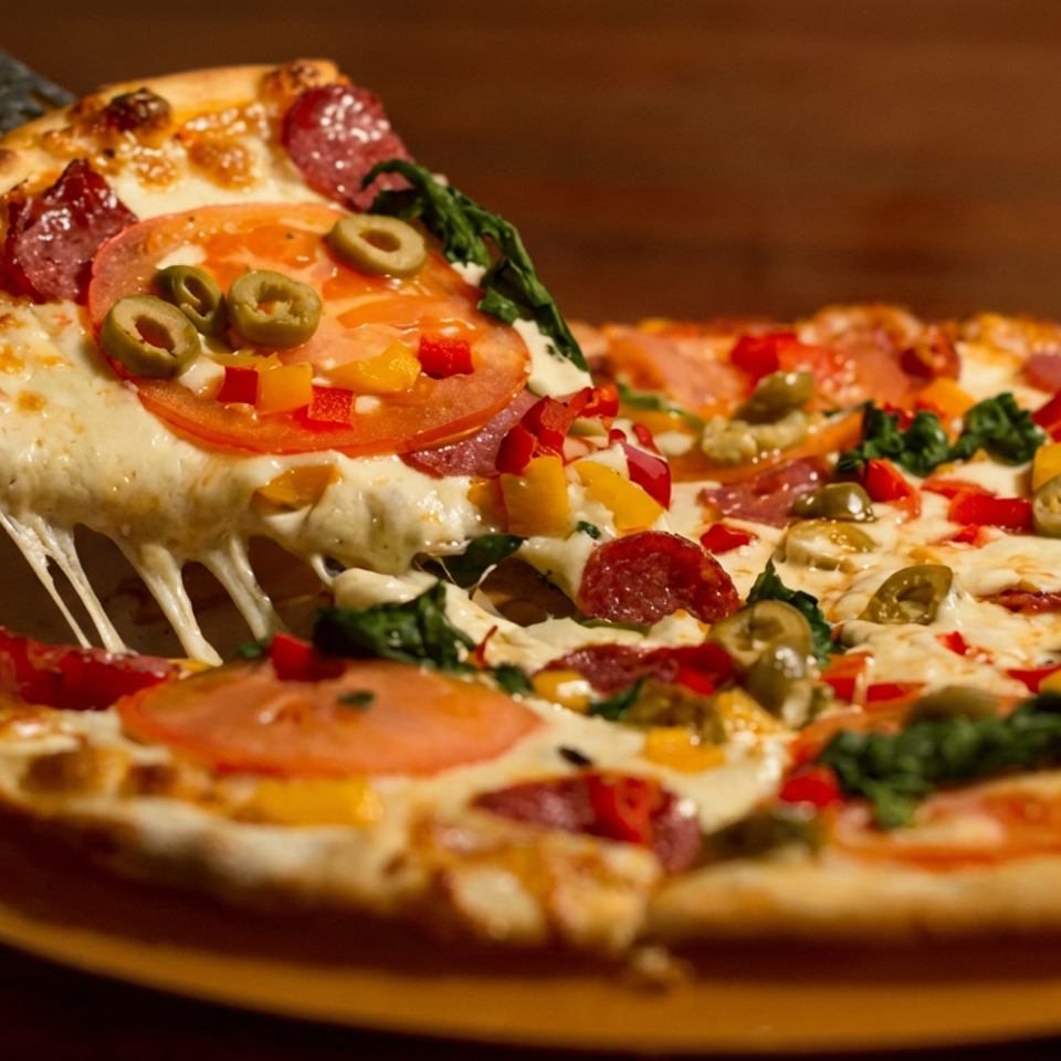 Cheesy vegetable and pepperoni pizza slice lifted from a whole pizza on a plate, with stretchy melted cheese.