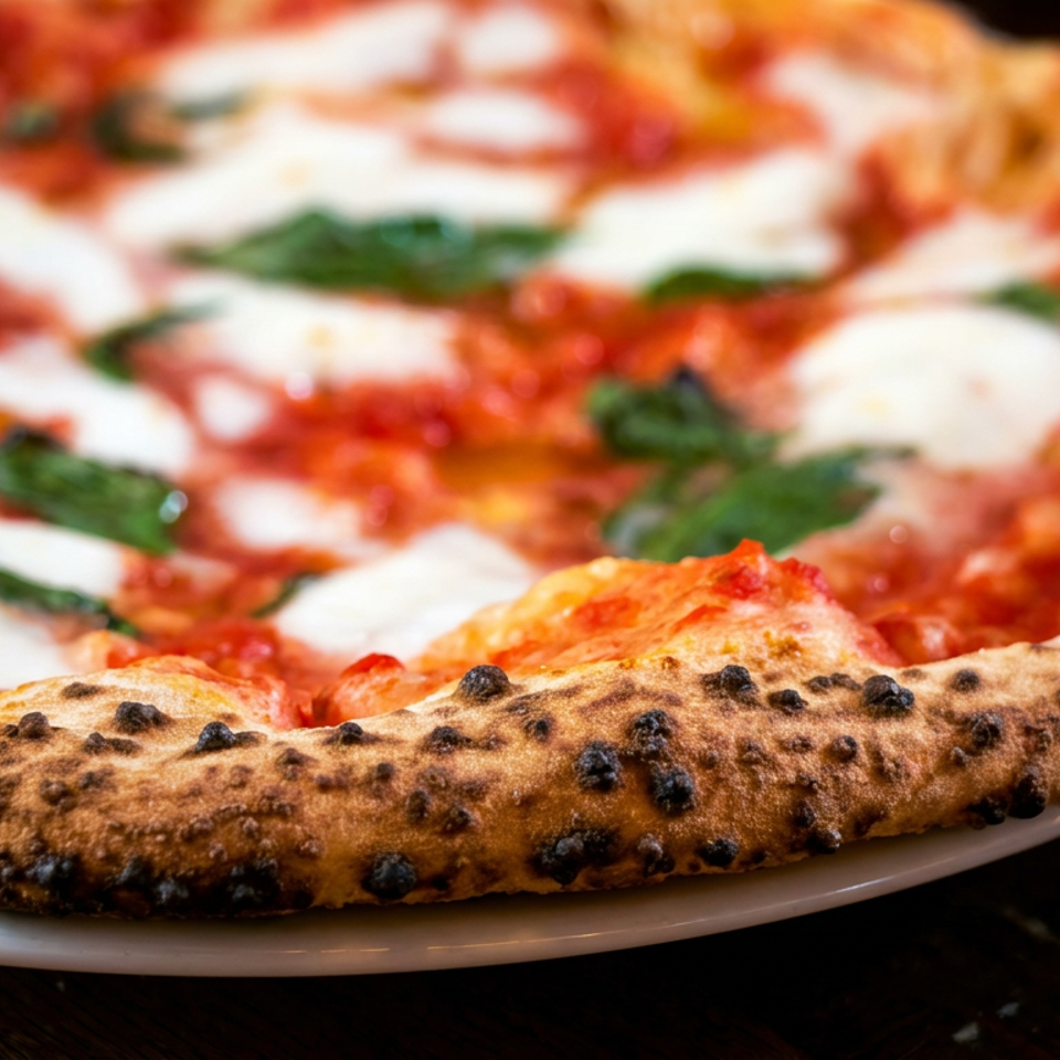 Close-up of a wood-fired Neapolitan pizza with blistered crust, tomato sauce, melted mozzarella, and fresh basil.