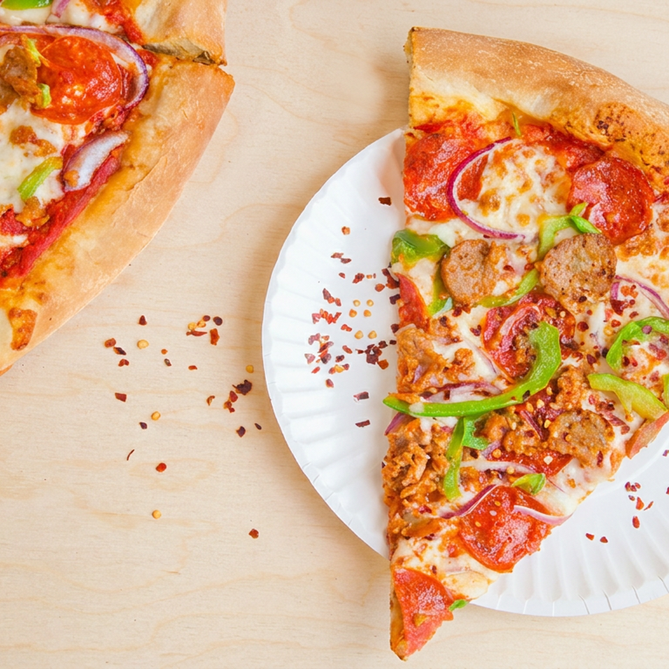 Pepperoni pizza slice on a white plate beside a partially visible loaded pizza with sausage, peppers, onions, and chili flakes.