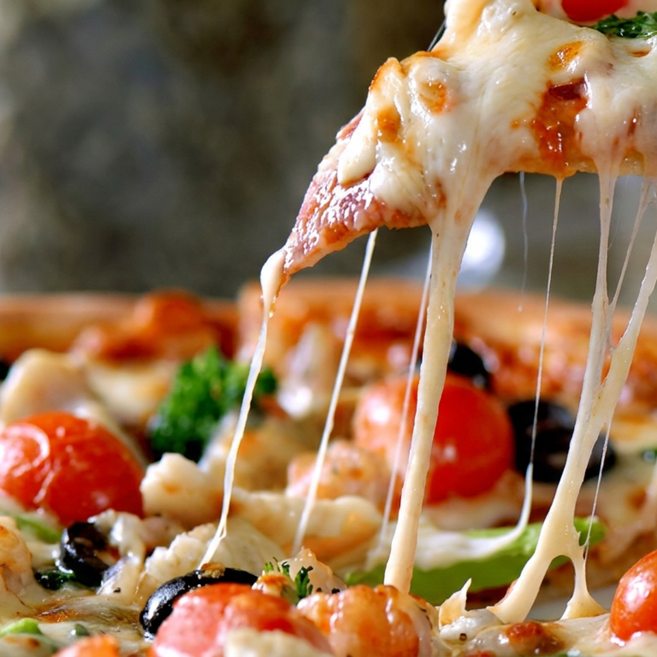 Close-up of a vegetable pizza slice lifted above a pizza, with melted mozzarella stretching between them.